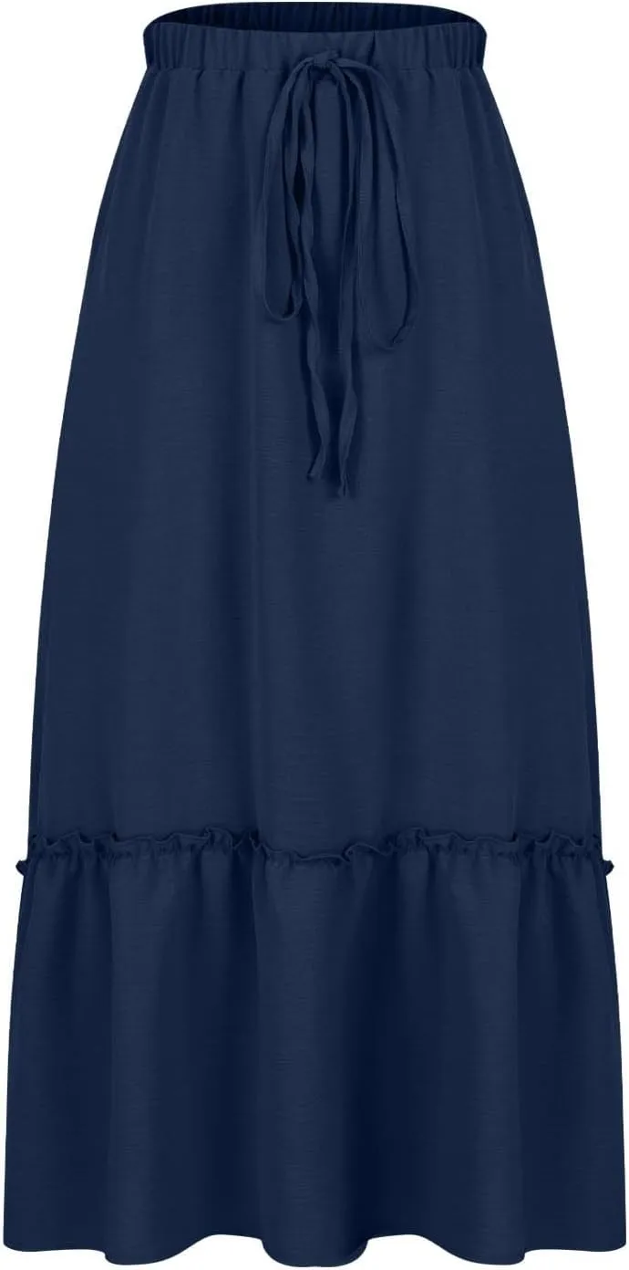 Womens Summer Beach Skirts Lace-Up Elastic Waist Fashion Solid Color A-Line Flowy Skirt Wrinkle Midi Skirts