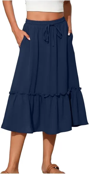 Womens Summer Beach Skirts Lace-Up Elastic Waist Fashion Solid Color A-Line Flowy Skirt Wrinkle Midi Skirts