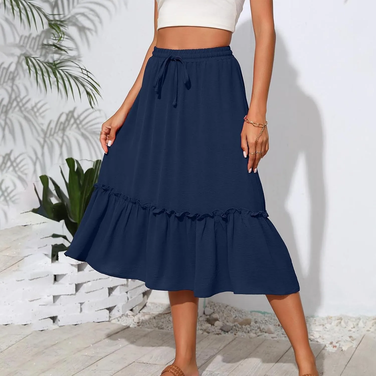 Womens Summer Beach Skirts Lace-Up Elastic Waist Fashion Solid Color A-Line Flowy Skirt Wrinkle Midi Skirts