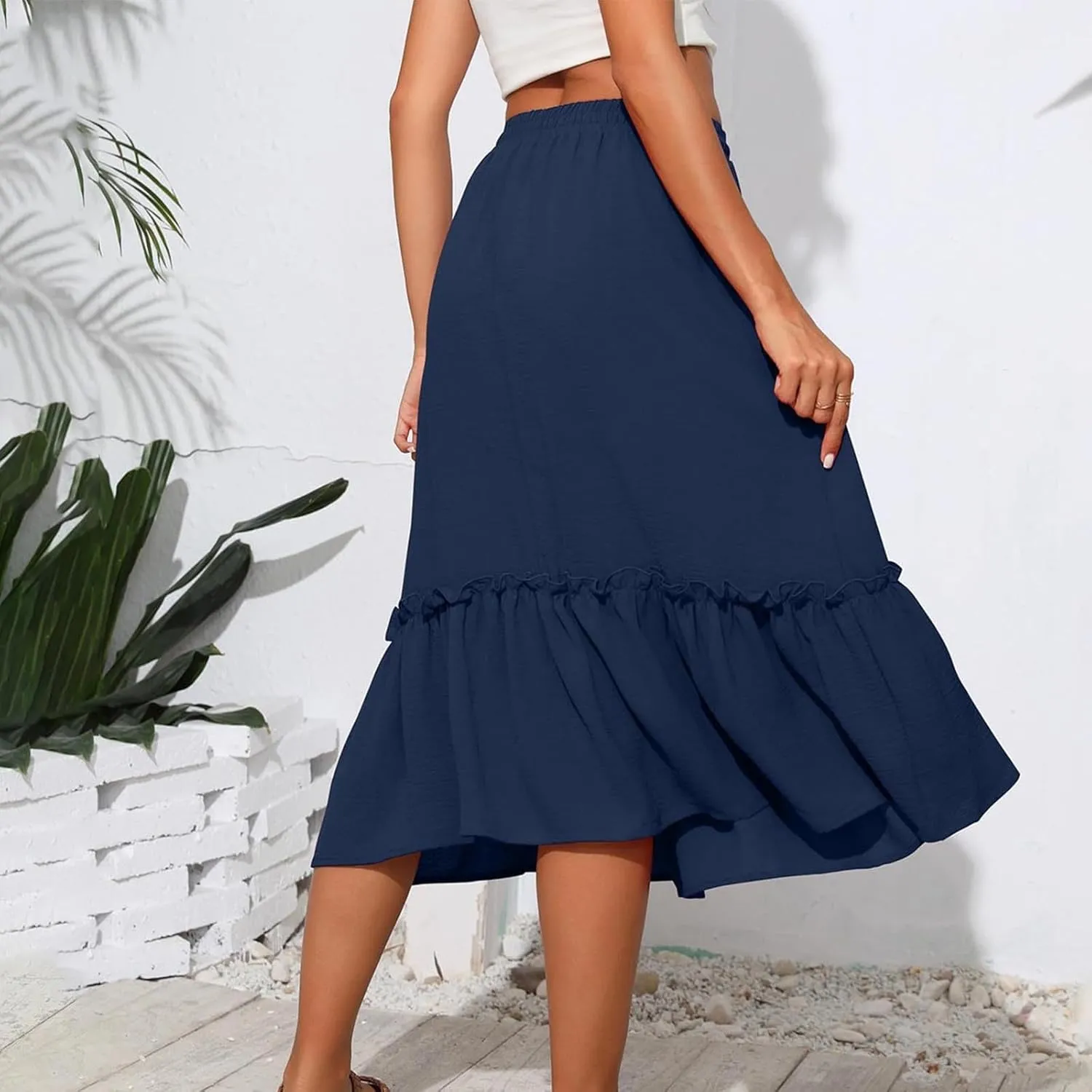 Womens Summer Beach Skirts Lace-Up Elastic Waist Fashion Solid Color A-Line Flowy Skirt Wrinkle Midi Skirts