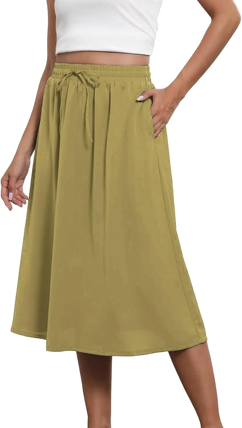 Womens Summer Boho Flowy Swing Tiered A-Line Midi Skirt Fashion Trendy Elastic Waist Pleated Long Beach Dress