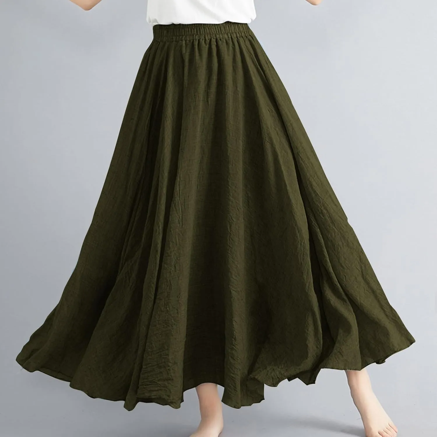 Women's Summer Boho Linen Maxi Skirts Flowy Swing A-Line Skirt Fashion Trendy Elastic Waist Pleated Long Beach Dress