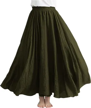 Women's Summer Boho Linen Maxi Skirts Flowy Swing A-Line Skirt Fashion Trendy Elastic Waist Pleated Long Beach Dress