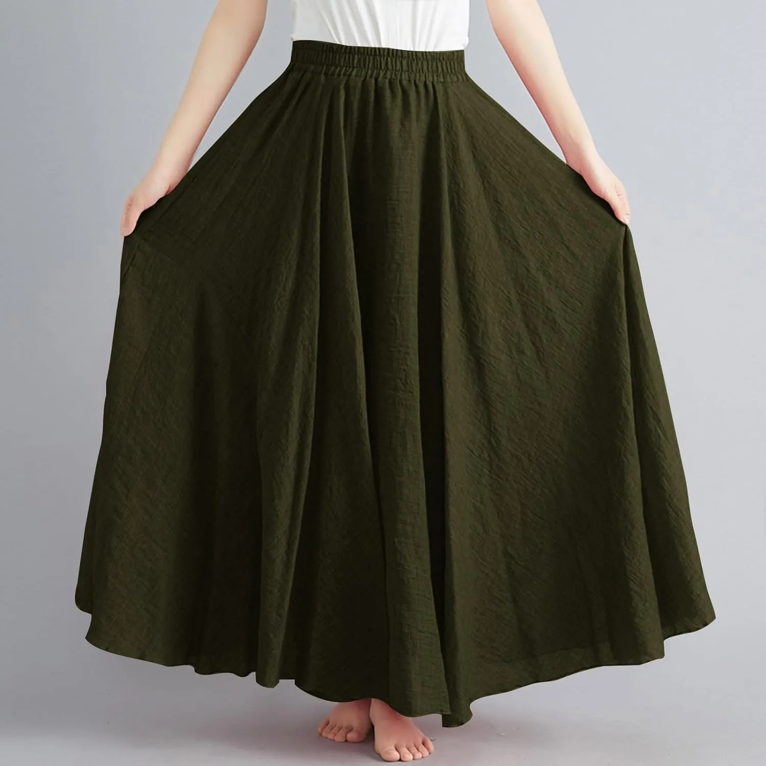 Women's Summer Boho Linen Maxi Skirts Flowy Swing A-Line Skirt Fashion Trendy Elastic Waist Pleated Long Beach Dress