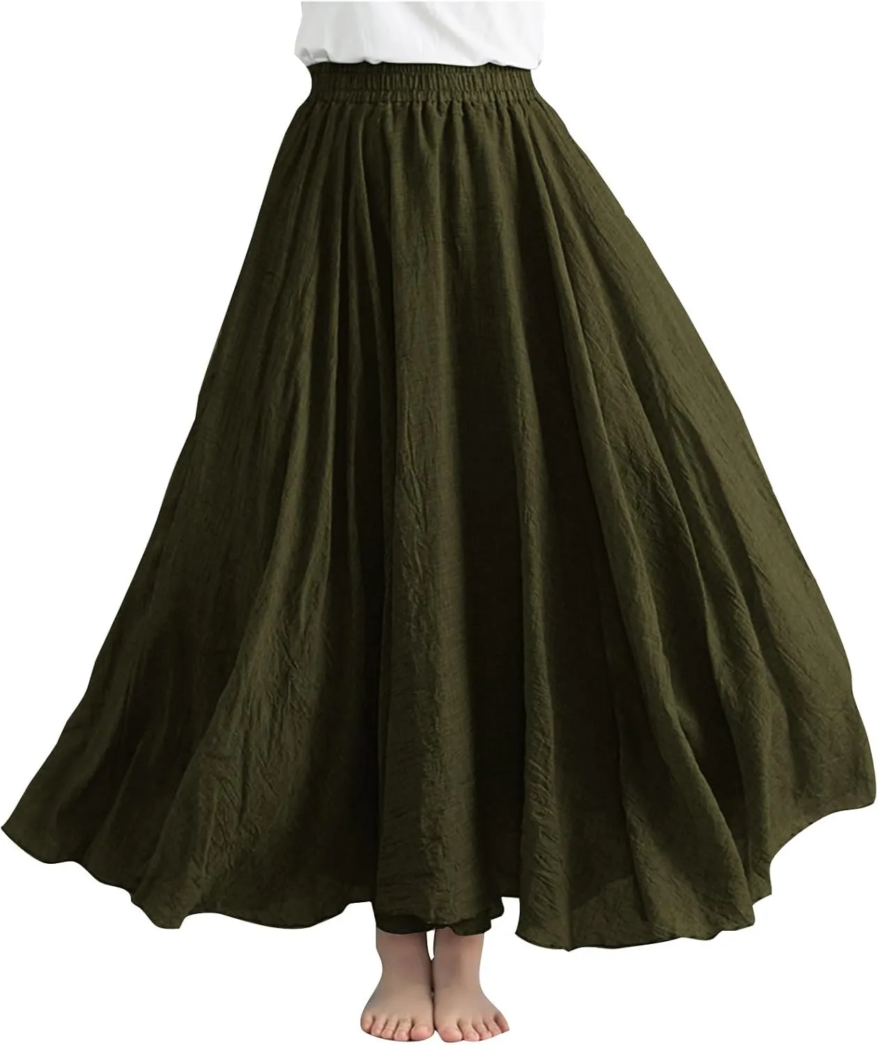 Women's Summer Boho Linen Maxi Skirts Flowy Swing A-Line Skirt Fashion Trendy Elastic Waist Pleated Long Beach Dress