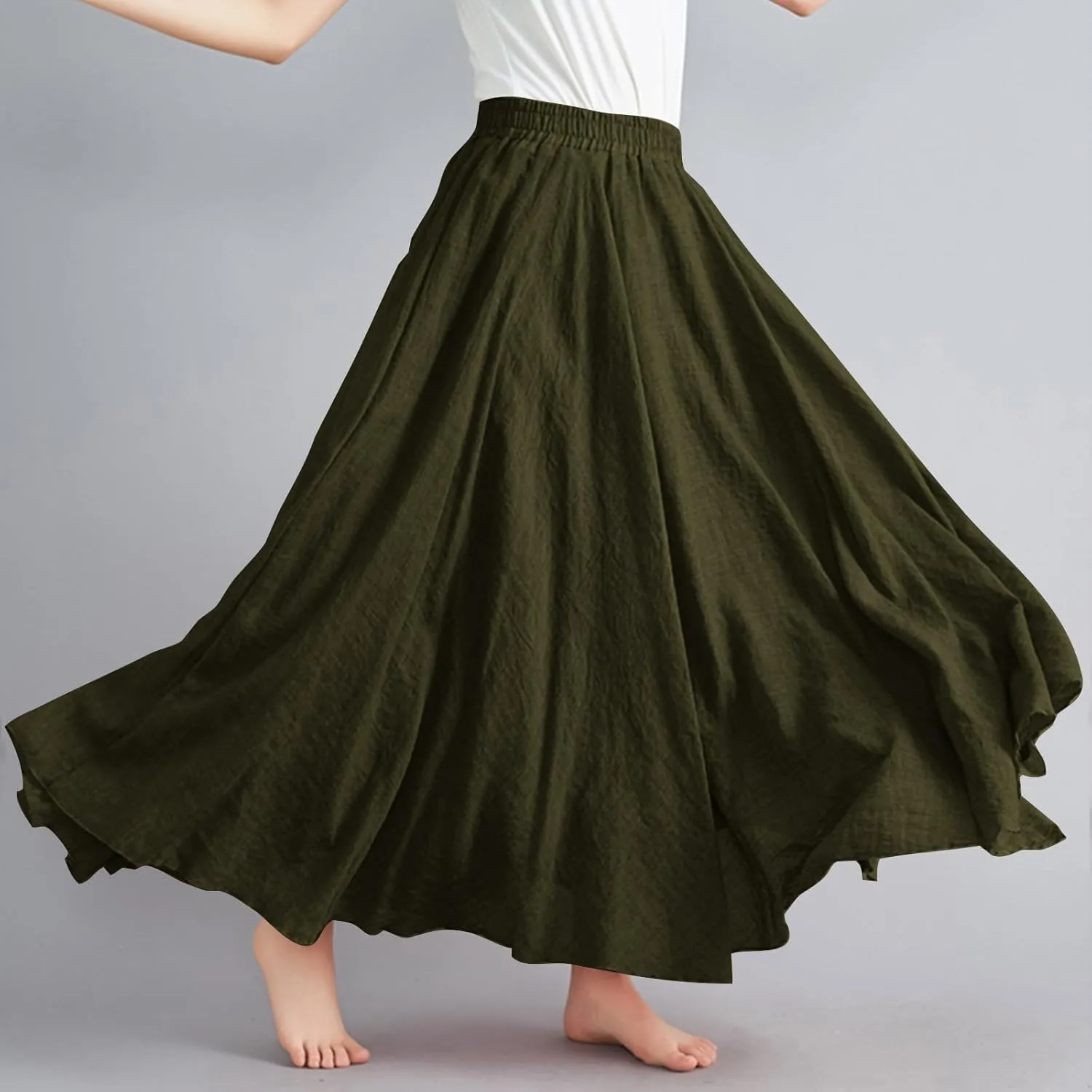 Women's Summer Boho Linen Maxi Skirts Flowy Swing A-Line Skirt Fashion Trendy Elastic Waist Pleated Long Beach Dress