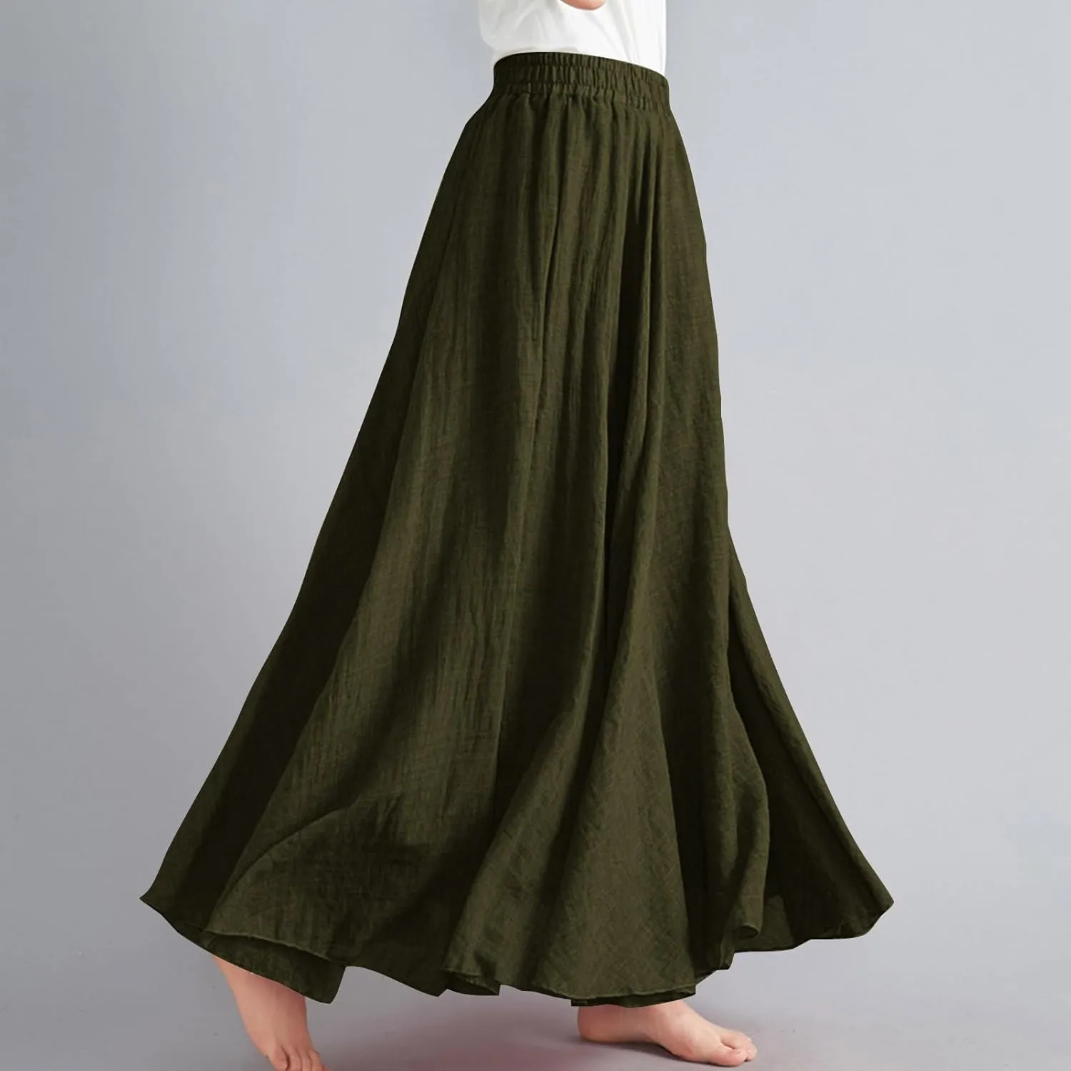 Women's Summer Boho Linen Maxi Skirts Flowy Swing A-Line Skirt Fashion Trendy Elastic Waist Pleated Long Beach Dress