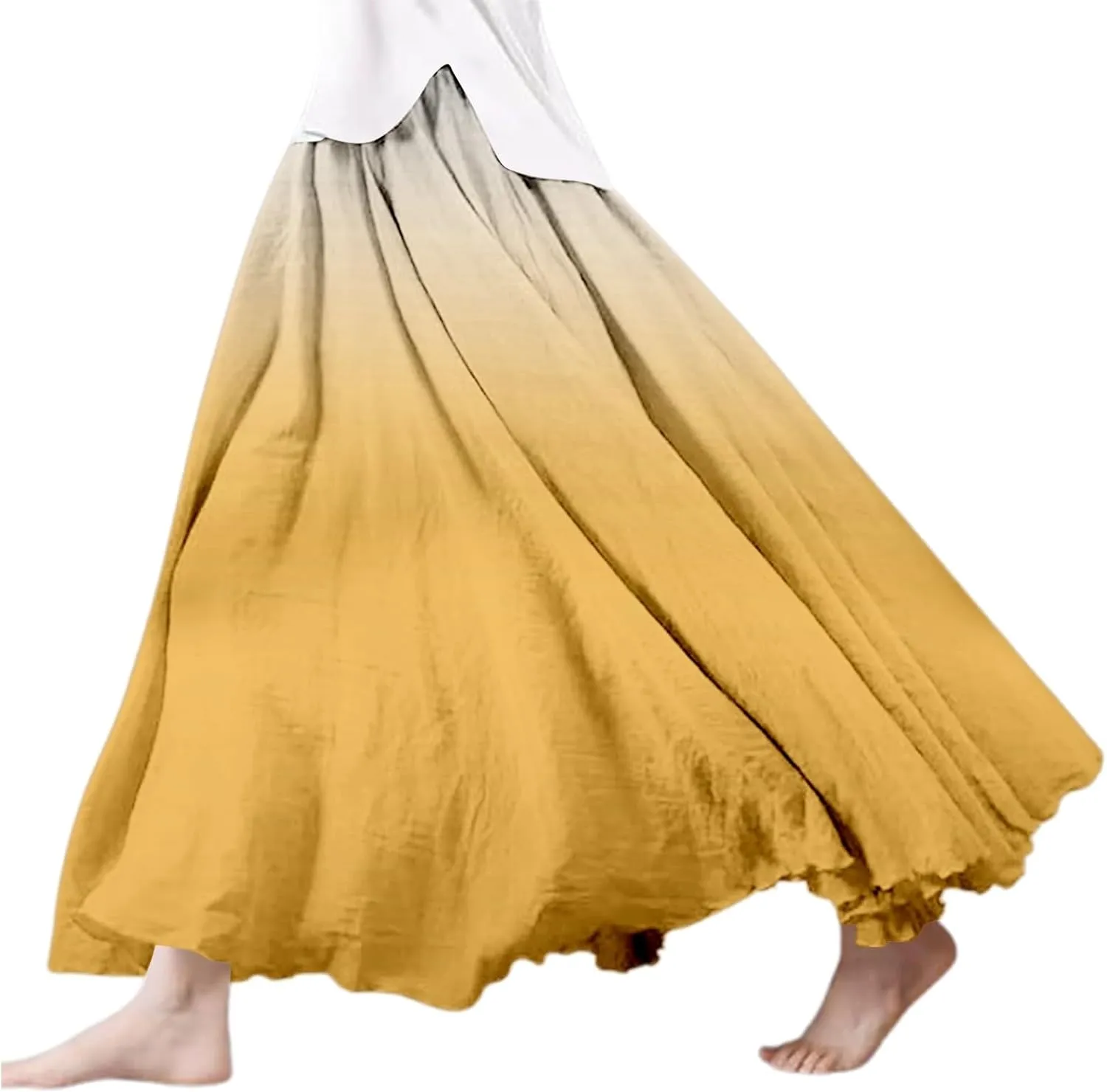Women's Summer Boho Maxi Skirts Coton Linen A-Line Flowy Ruffle High Waist Beach Long Skirt Summer Broomstick Skorts