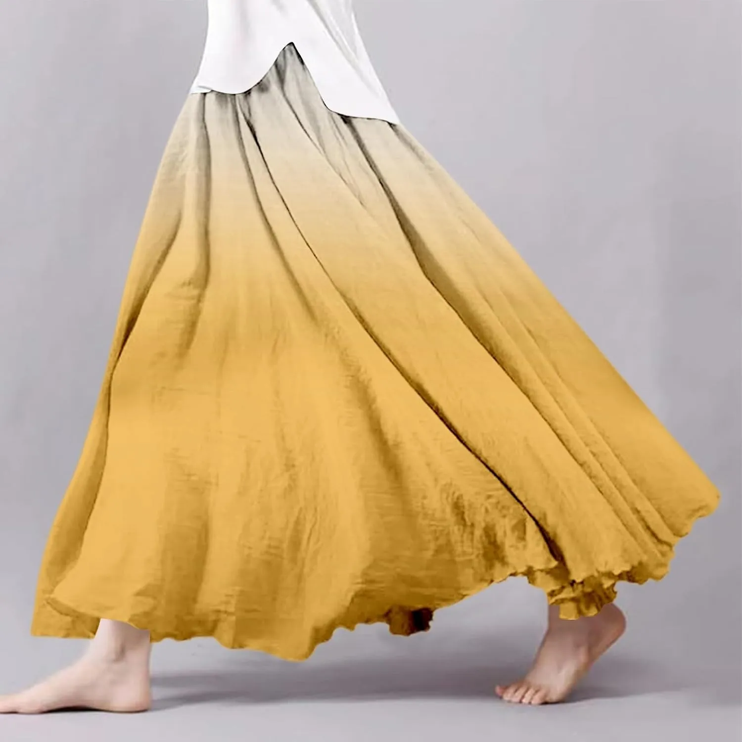 Women's Summer Boho Maxi Skirts Coton Linen A-Line Flowy Ruffle High Waist Beach Long Skirt Summer Broomstick Skorts