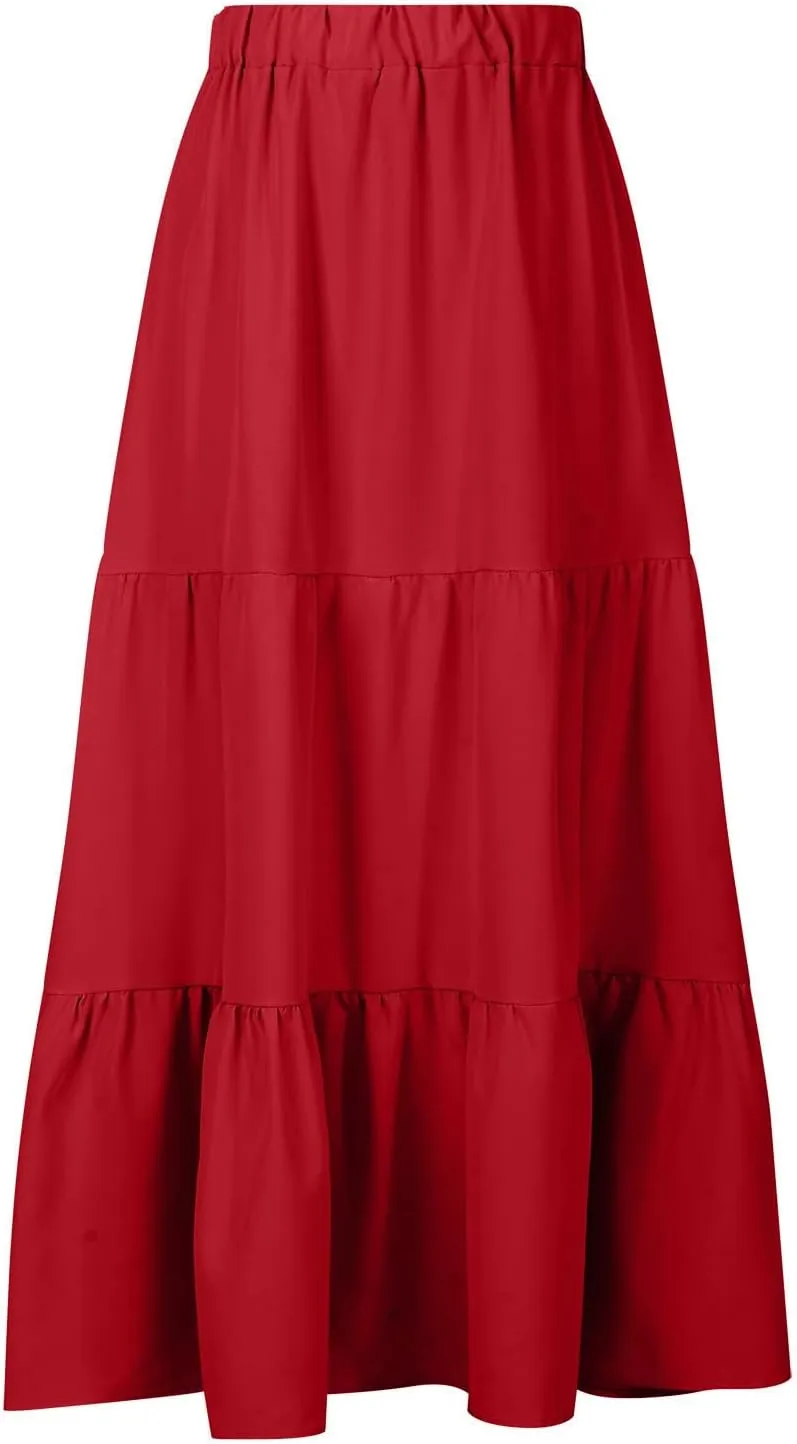 Womens Summer Boho Maxi Skirts Elastic Waist Pleated A Line Long Skirt Flowy Tiered Swing Beach Skirt with Pockets