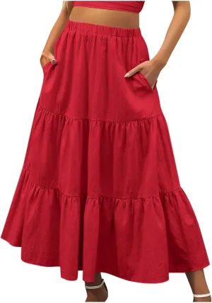 Womens Summer Boho Maxi Skirts Elastic Waist Pleated A Line Long Skirt Flowy Tiered Swing Beach Skirt with Pockets