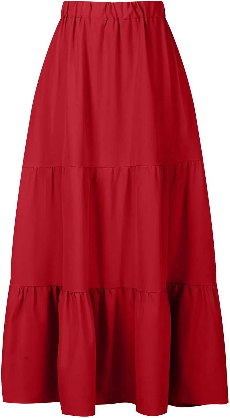 Womens Summer Boho Maxi Skirts Elastic Waist Pleated A Line Long Skirt Flowy Tiered Swing Beach Skirt with Pockets