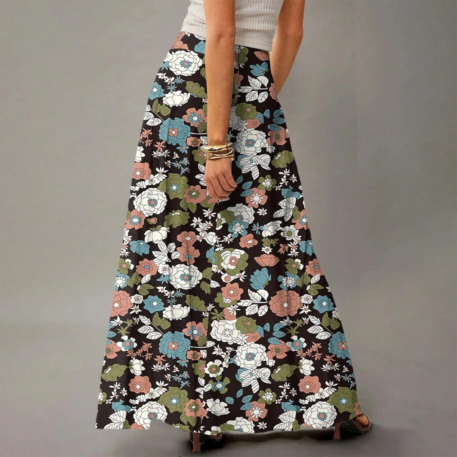 Womens Summer Boho Skirt 2025 Elastic Waist Flowy Casual A-Line Maxi Skirt Trendy, S-2XL