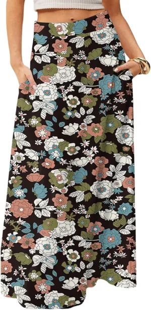 Womens Summer Boho Skirt 2025 Elastic Waist Flowy Casual A-Line Maxi Skirt Trendy, S-2XL