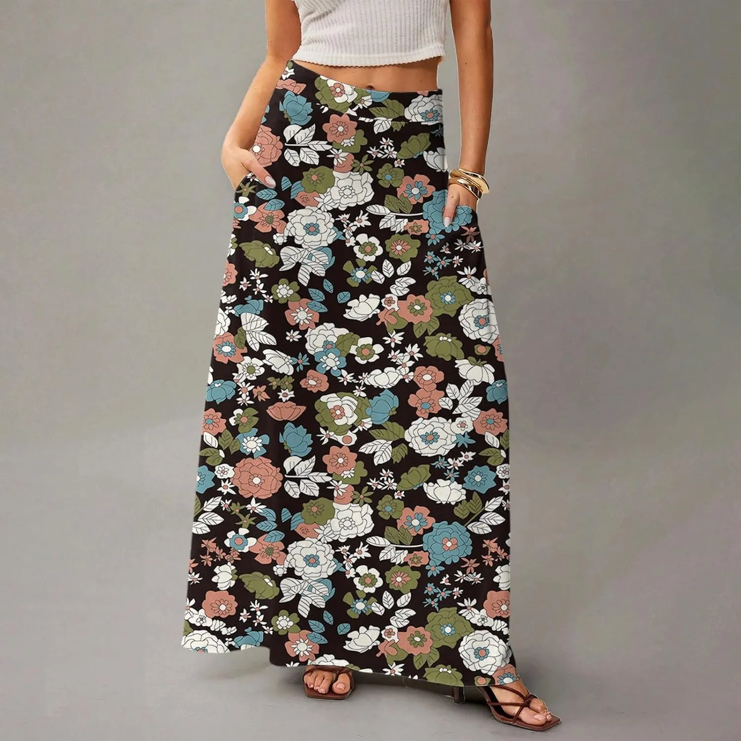 Womens Summer Boho Skirt 2025 Elastic Waist Flowy Casual A-Line Maxi Skirt Trendy, S-2XL