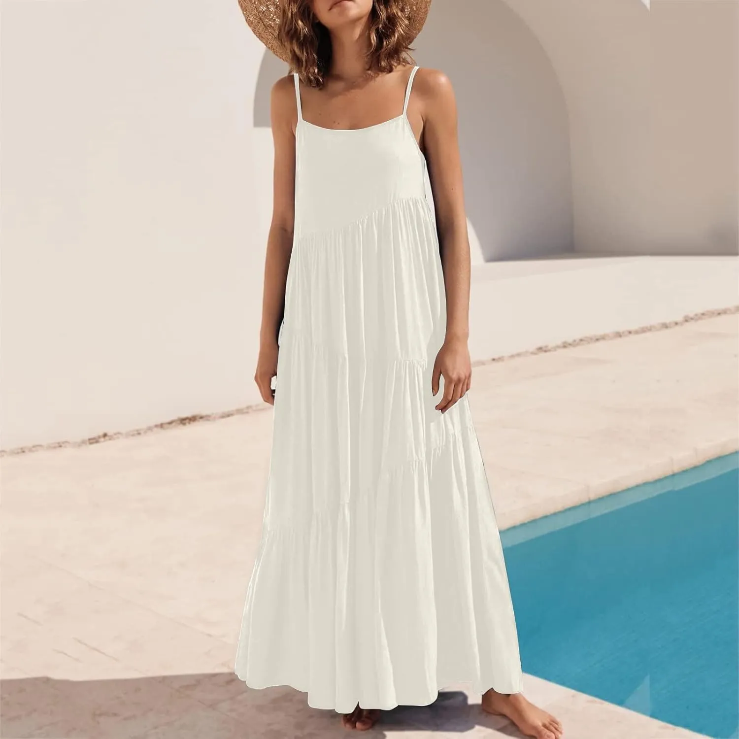 Women's Summer Casual Loose Sleeveless Spaghetti Strap Sundresses Asymmetric Tiered Swing Beach Maxi Long Dress