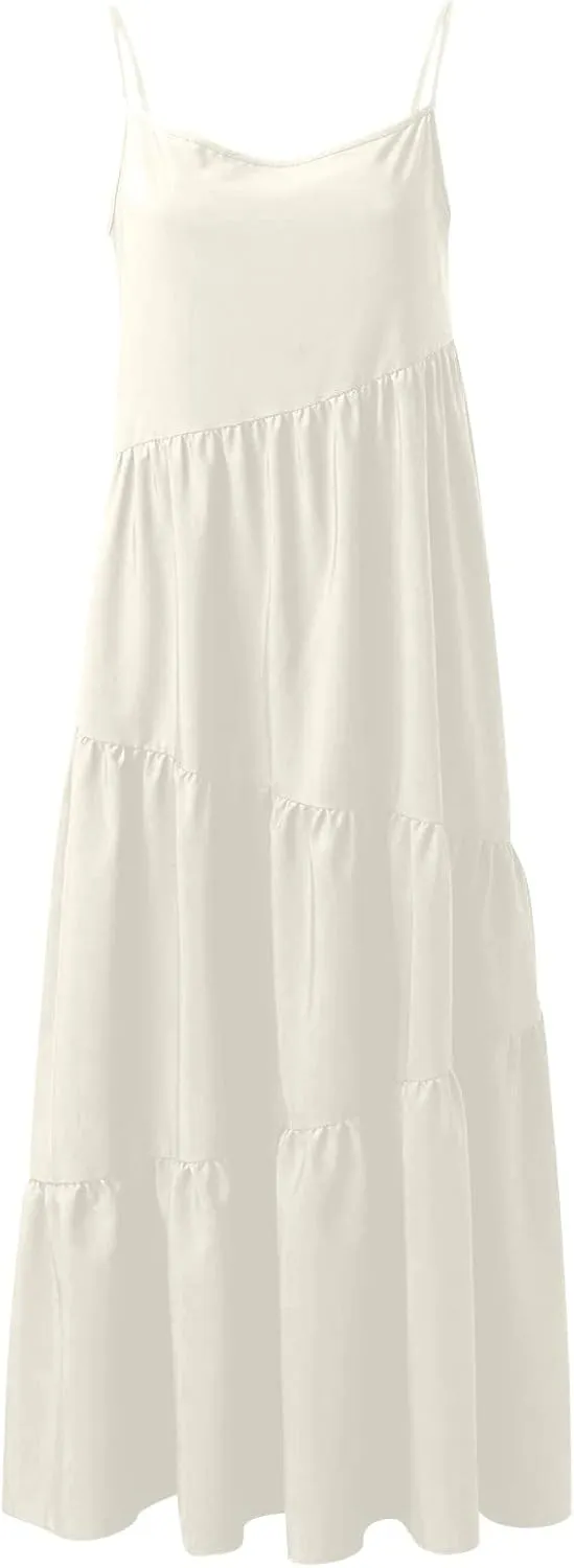 Women's Summer Casual Loose Sleeveless Spaghetti Strap Sundresses Asymmetric Tiered Swing Beach Maxi Long Dress