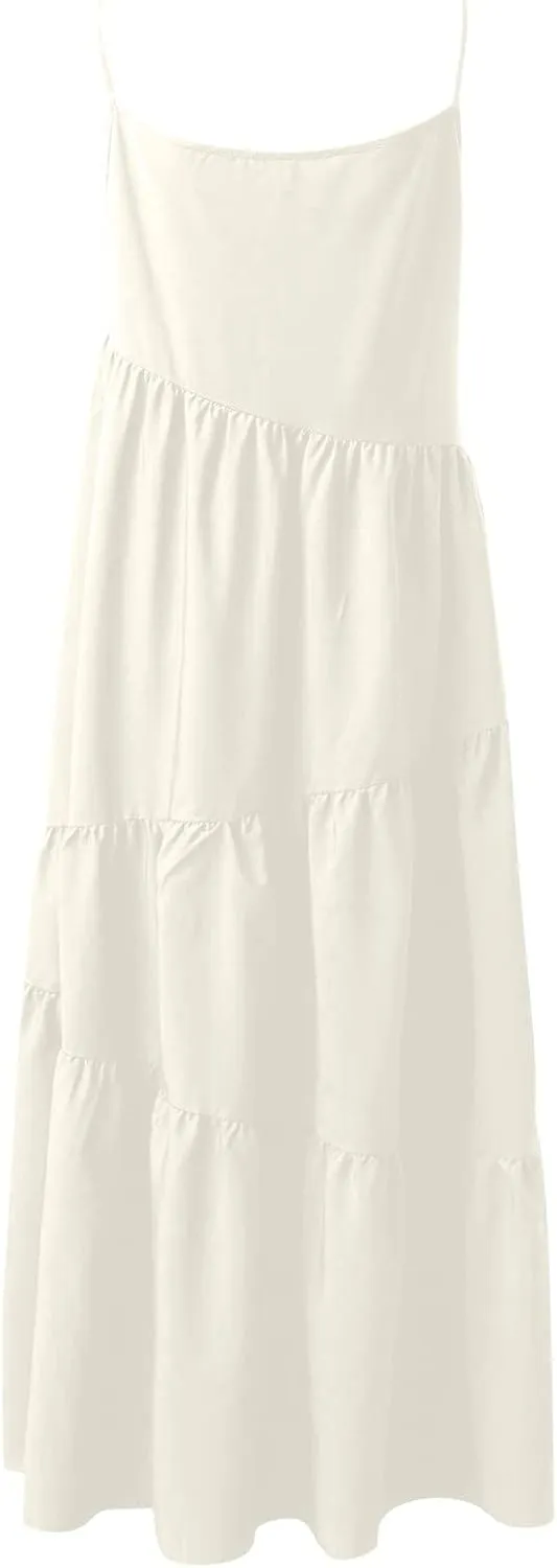 Women's Summer Casual Loose Sleeveless Spaghetti Strap Sundresses Asymmetric Tiered Swing Beach Maxi Long Dress