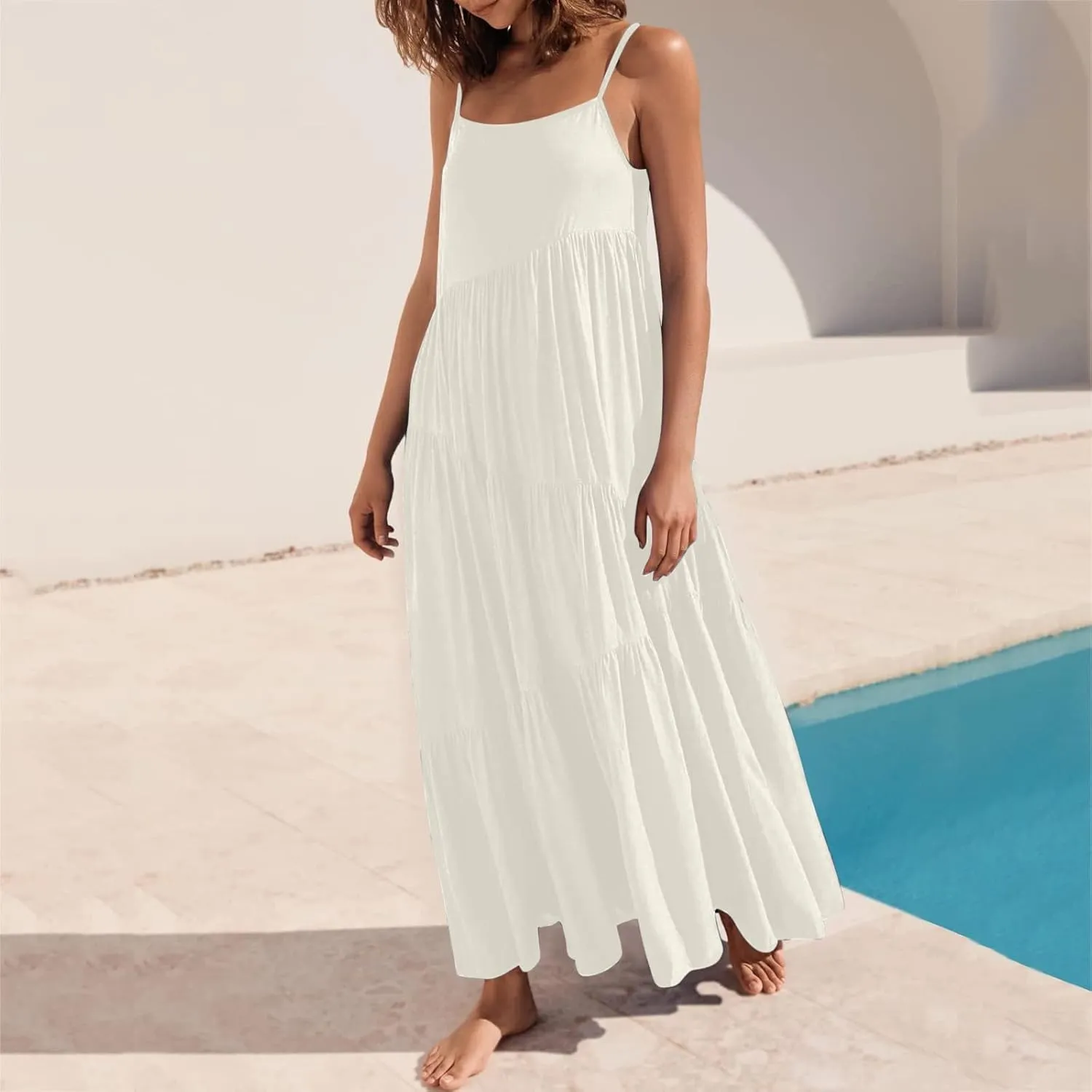 Women's Summer Casual Loose Sleeveless Spaghetti Strap Sundresses Asymmetric Tiered Swing Beach Maxi Long Dress