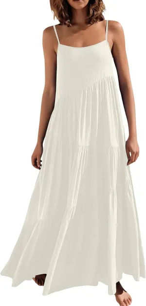 Women's Summer Casual Loose Sleeveless Spaghetti Strap Sundresses Asymmetric Tiered Swing Beach Maxi Long Dress