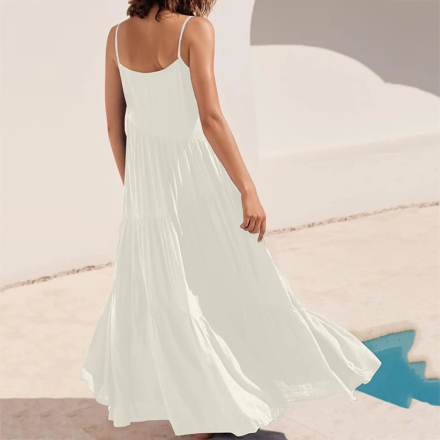 Women's Summer Casual Loose Sleeveless Spaghetti Strap Sundresses Asymmetric Tiered Swing Beach Maxi Long Dress