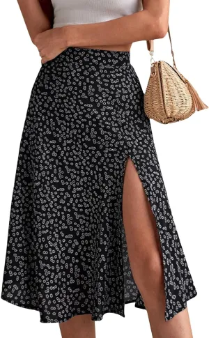 Women's Summer Casual Loose Trendy Elastic High Waist Floral Print Bohemian Split Sun Beach Midi Skirts 2025, S-3XL