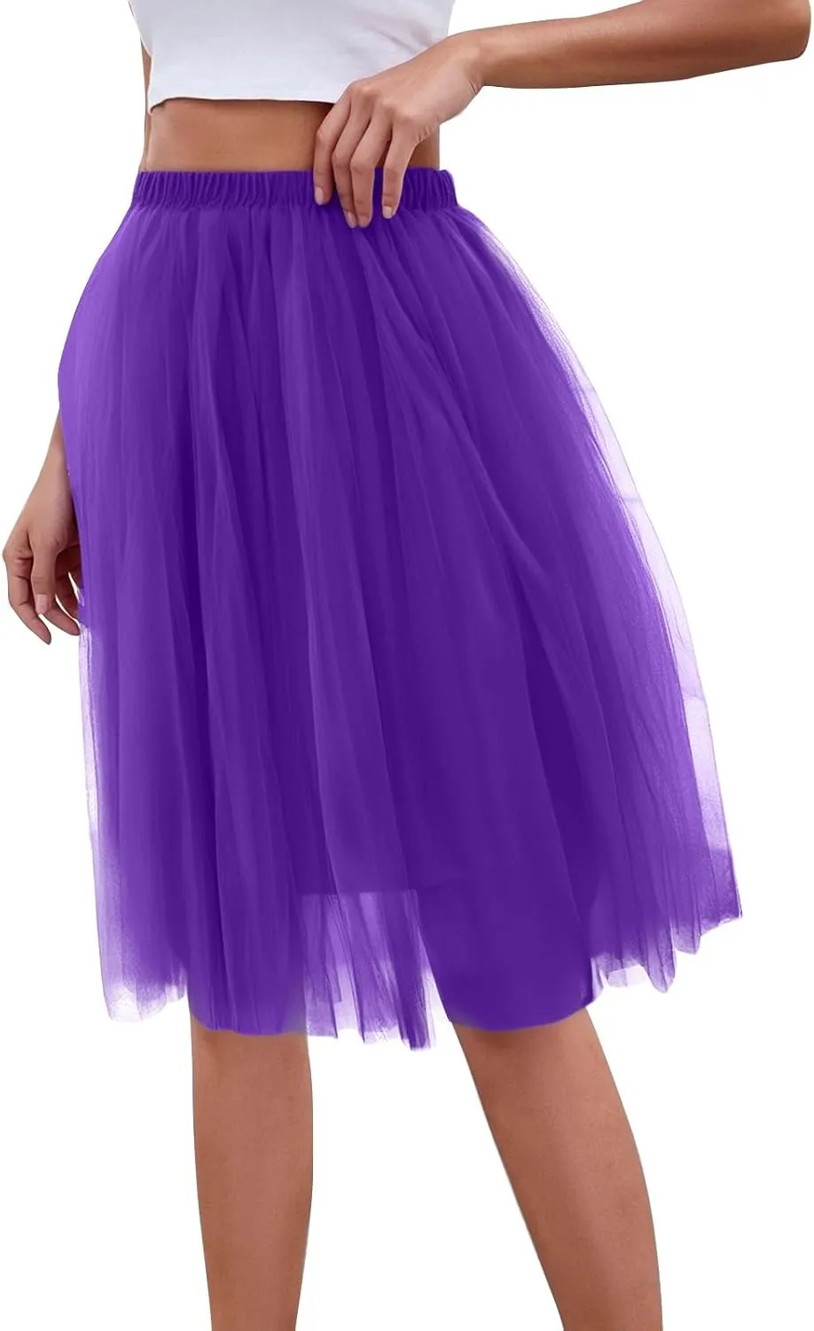 Women's Summer Casual Loose Trendy Elastic High Waist Solid Color Fluffy Mesh Party Flowy A-Line Latin Skirts, M-XL