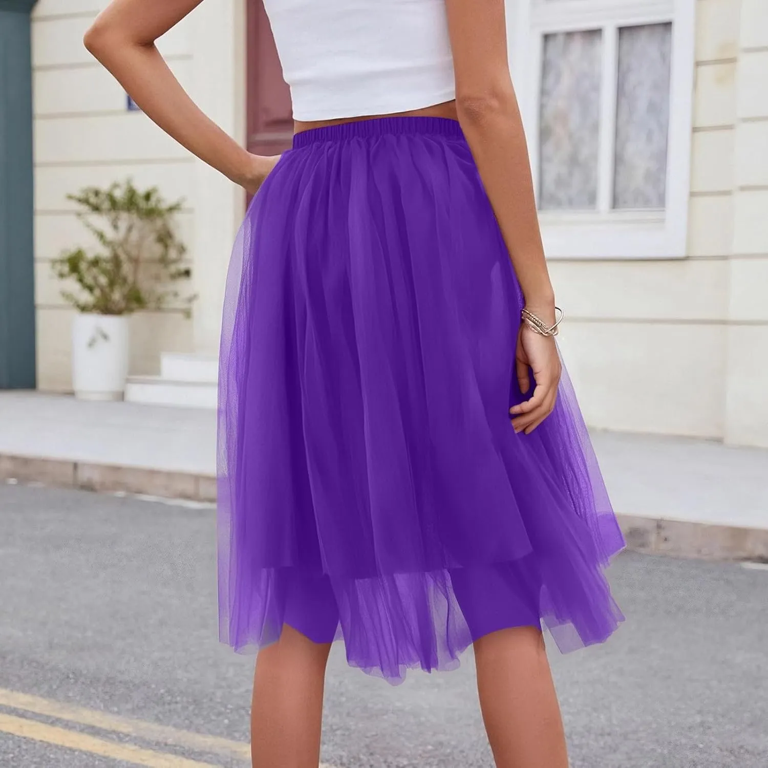 Women's Summer Casual Loose Trendy Elastic High Waist Solid Color Fluffy Mesh Party Flowy A-Line Latin Skirts, M-XL