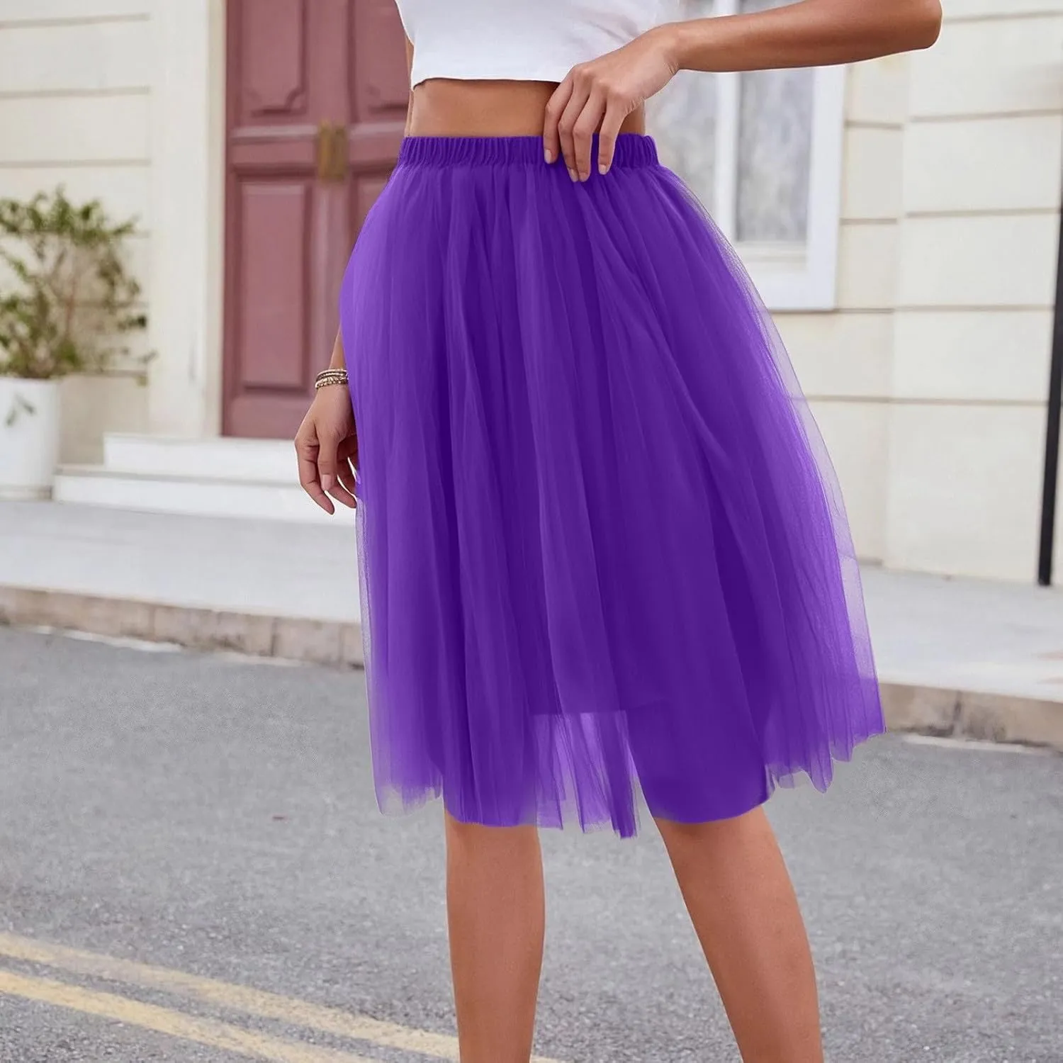 Women's Summer Casual Loose Trendy Elastic High Waist Solid Color Fluffy Mesh Party Flowy A-Line Latin Skirts, M-XL