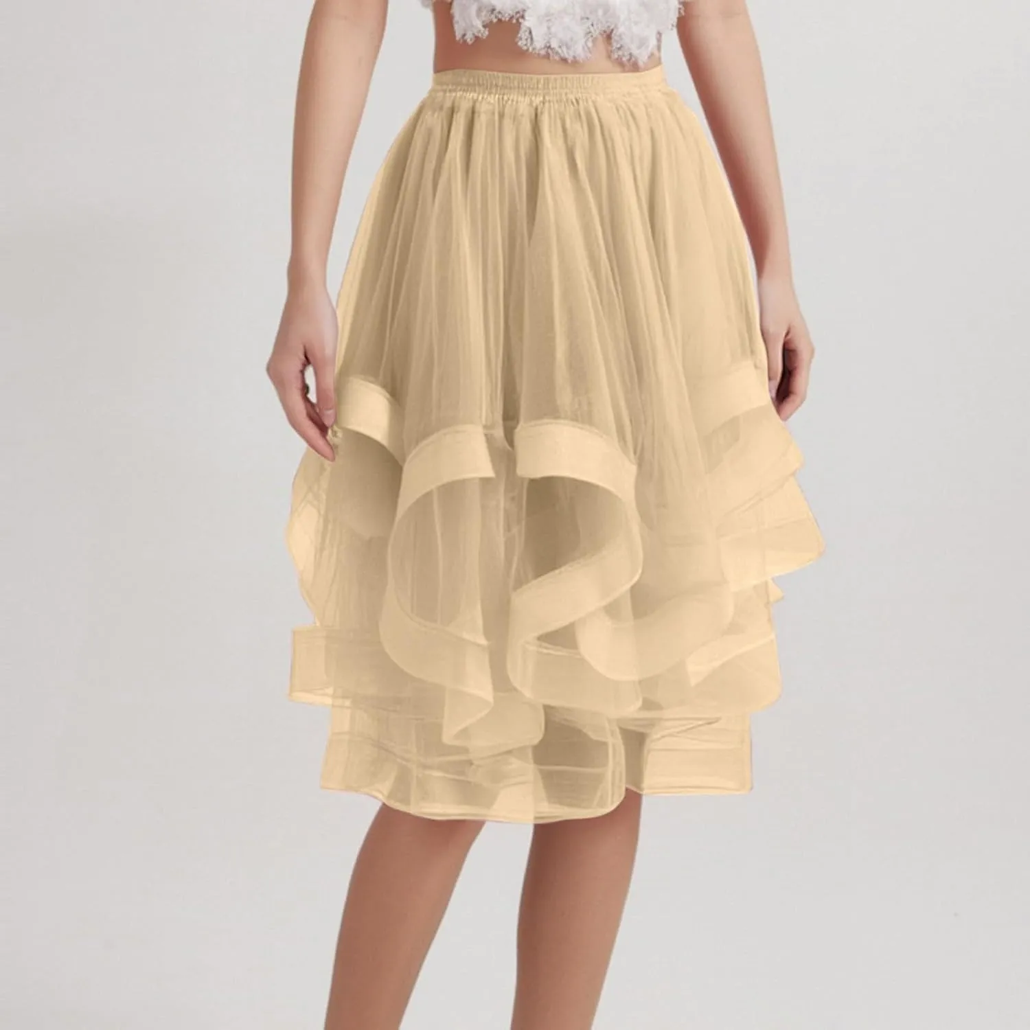Women's Summer Casual Loose Trendy Elastic High Waist Solid Color Fluffy Mesh Party Latin Dance Flowy Skirts, S-XL