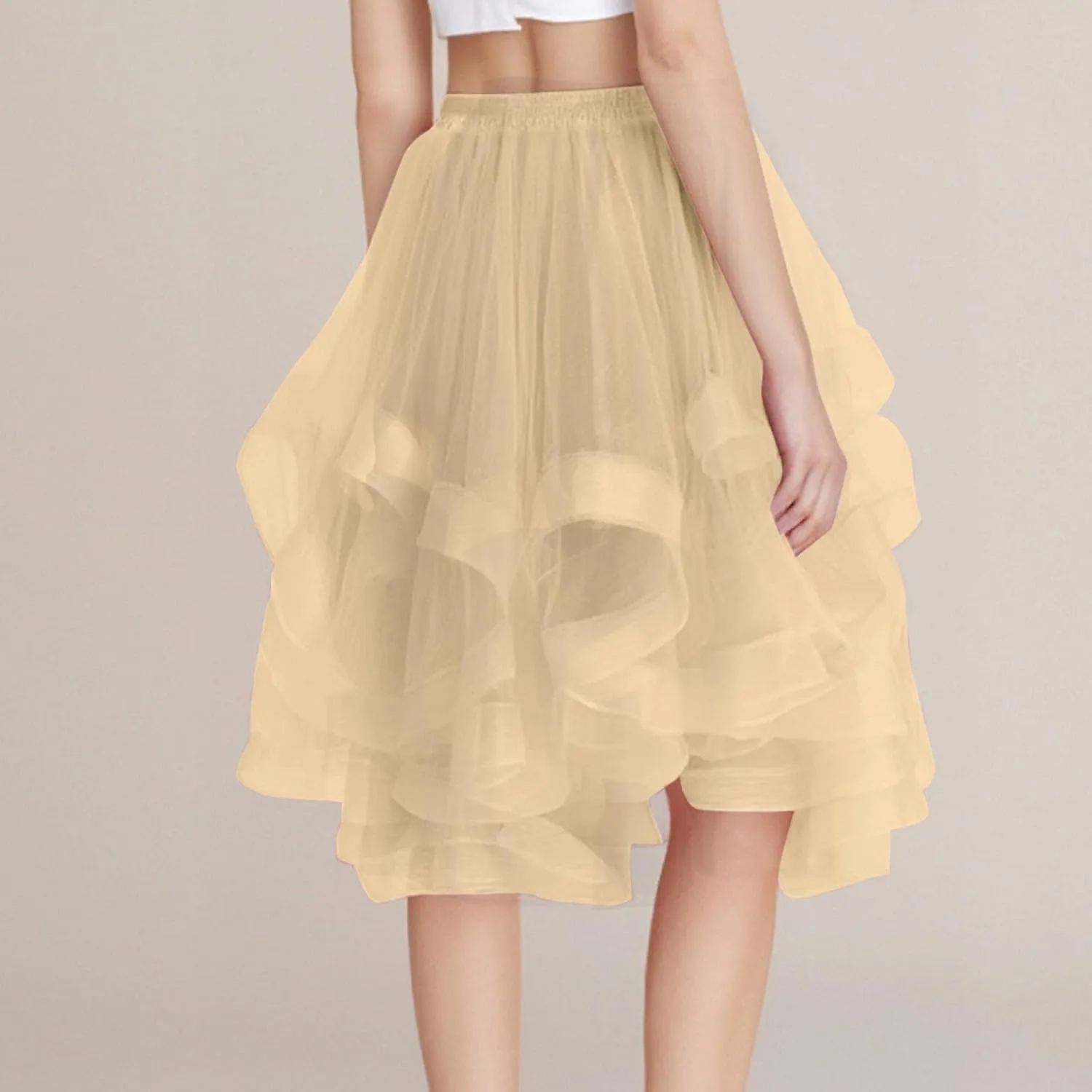 Women's Summer Casual Loose Trendy Elastic High Waist Solid Color Fluffy Mesh Party Latin Dance Flowy Skirts, S-XL