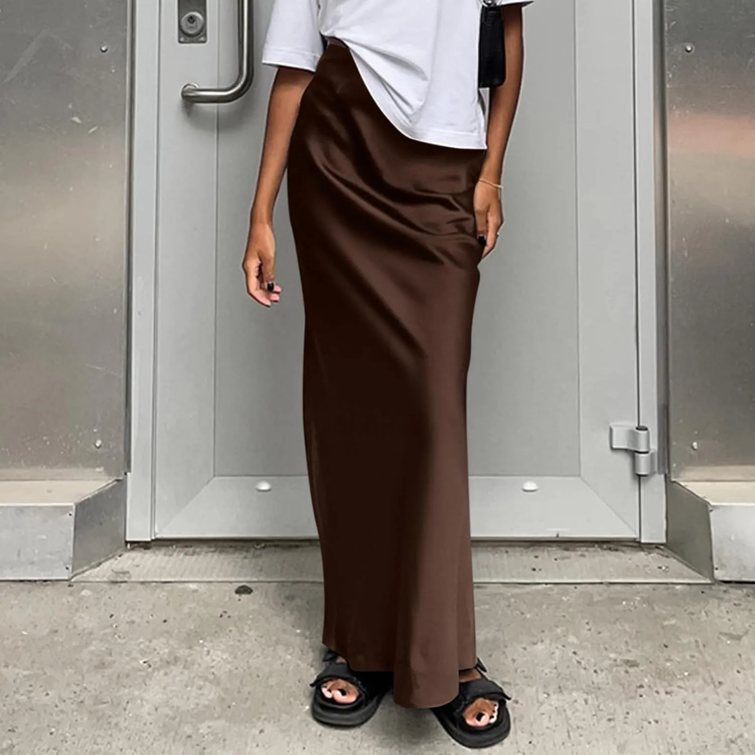 Women's Summer Casual Maxi Slim Skirt High Waist Elastic Solid Glossy Skirts