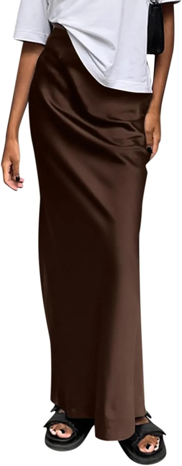 Women's Summer Casual Maxi Slim Skirt High Waist Elastic Solid Glossy Skirts