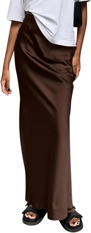 Women's Summer Casual Maxi Slim Skirt High Waist Elastic Solid Glossy Skirts