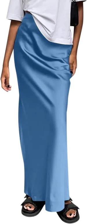 Women's Summer Casual Maxi Slim Skirt High Waist Elastic Solid Glossy Skirts