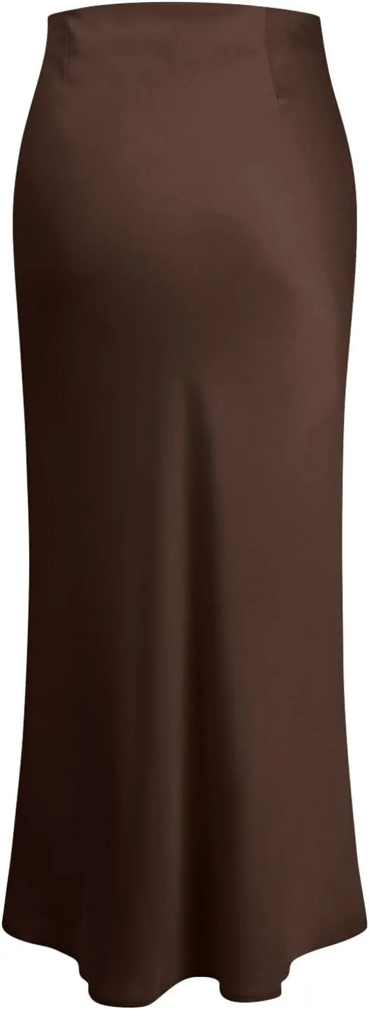 Women's Summer Casual Maxi Slim Skirt High Waist Elastic Solid Glossy Skirts