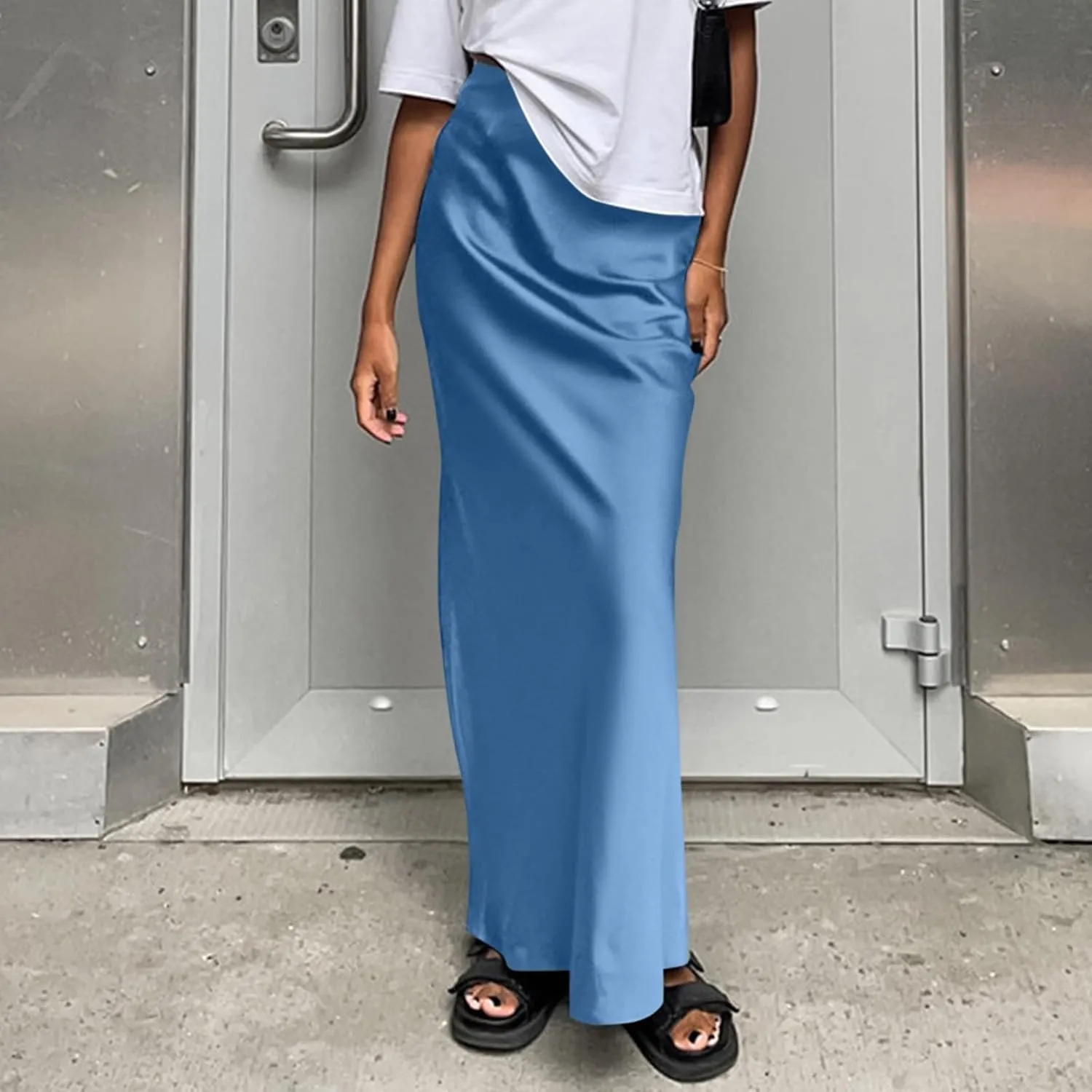 Women's Summer Casual Maxi Slim Skirt High Waist Elastic Solid Glossy Skirts