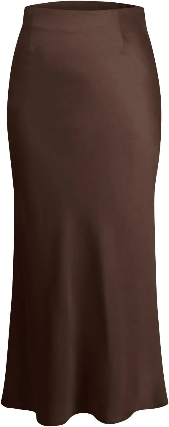 Women's Summer Casual Maxi Slim Skirt High Waist Elastic Solid Glossy Skirts