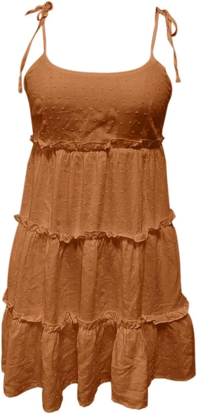 Womens Summer Casual V Neck Sleeveless Mini Dress 2024 Tie Shoulder Tiered Ruffle Swing A Line Short Sundresses