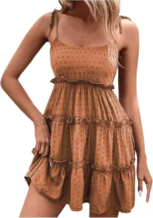 Womens Summer Casual V Neck Sleeveless Mini Dress 2024 Tie Shoulder Tiered Ruffle Swing A Line Short Sundresses