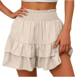 Women's Summer Cute Stretch Waist Solid Smocked Tiered Ruffle Swing Beach Mini Skirt 2025, S-2XL