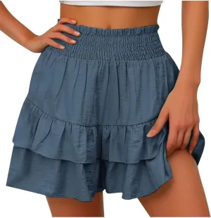 Women's Summer Cute Stretch Waist Solid Smocked Tiered Ruffle Swing Beach Mini Skirt 2025, S-2XL