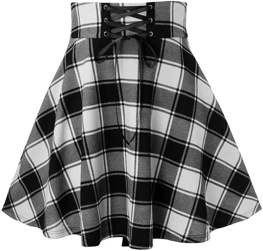 Women's Summer Dresses 2025 Casual Loose Trendy Elastic High Waist Plaid Printed Pleated Sun Beach Skirts, S-2XL