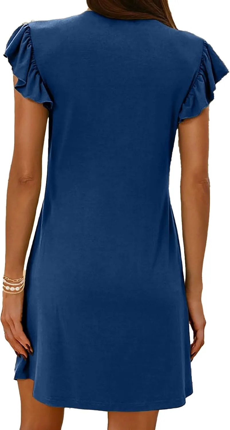Womens Summer Dresses Casual Deep V Neck Loose Sundress Fashion Ruffle Sleeve Mini Dress Travel Vacation Dresses 2025