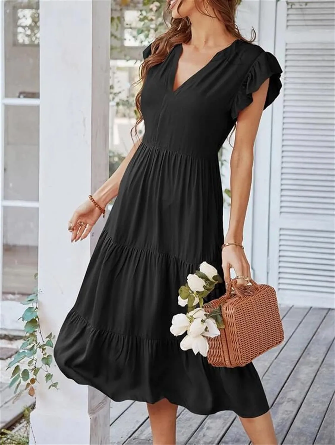 Womens Summer Dresses Ruffle Sleeve V Neck Midi Dress 2024 Fashion Casual Fit Flowy Tiered Boho Beach Sundress