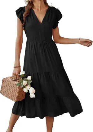 Womens Summer Dresses Ruffle Sleeve V Neck Midi Dress 2024 Fashion Casual Fit Flowy Tiered Boho Beach Sundress
