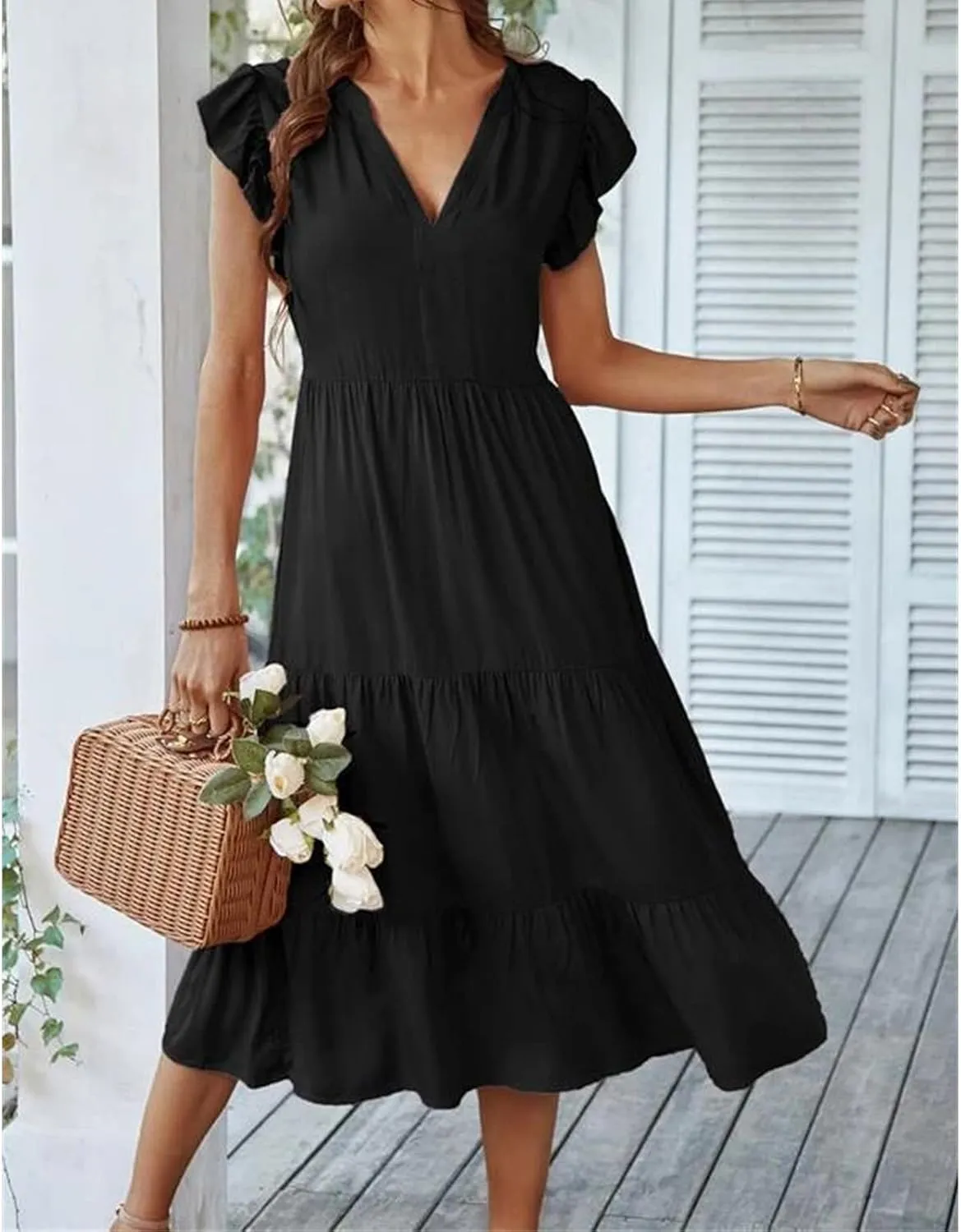 Womens Summer Dresses Ruffle Sleeve V Neck Midi Dress 2024 Fashion Casual Fit Flowy Tiered Boho Beach Sundress