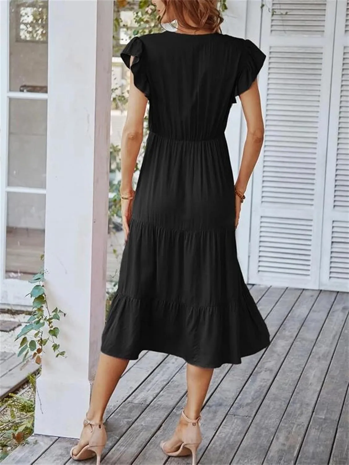 Womens Summer Dresses Ruffle Sleeve V Neck Midi Dress 2024 Fashion Casual Fit Flowy Tiered Boho Beach Sundress