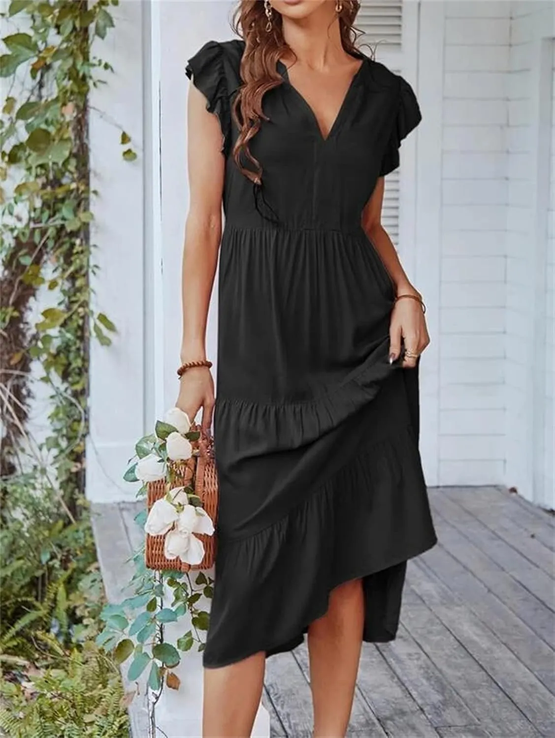Womens Summer Dresses Ruffle Sleeve V Neck Midi Dress 2024 Fashion Casual Fit Flowy Tiered Boho Beach Sundress