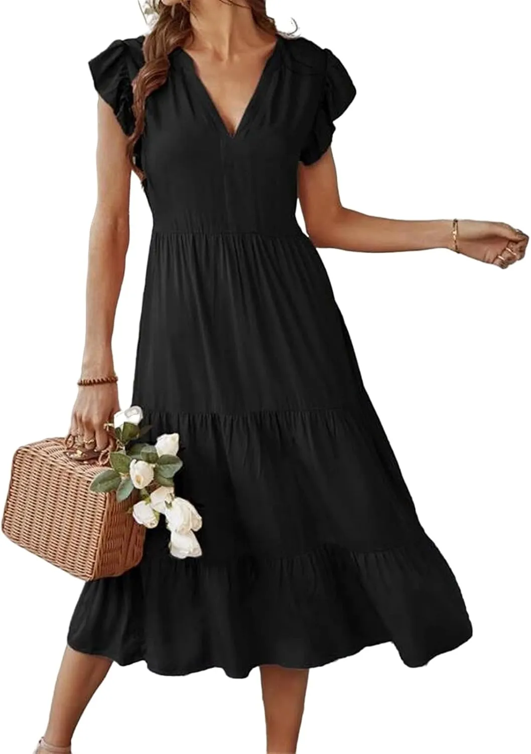 Womens Summer Dresses Ruffle Sleeve V Neck Midi Dress 2024 Fashion Casual Fit Flowy Tiered Boho Beach Sundress
